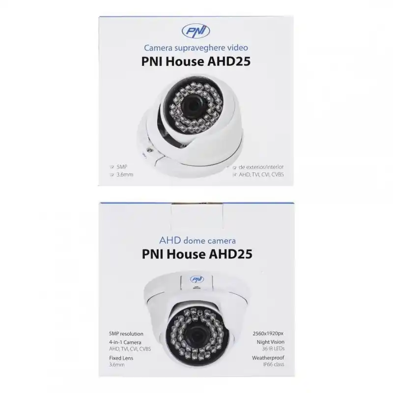 Camera supraveghere video PNI House AHD25 5MP, dome, lentila 3.6mm, 36 LED-uri IR, de exterior sau interior, IP66, Sistem TV: PA Comandă acum