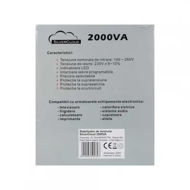 Stabilizator de tensiune SilverCloud 2000VA 1200W 9.1A, Capacitate: 1200W/2000VA, Curent:9.1A, Iesire:2 x priza Schuko, 230V ± Livrare gratuită