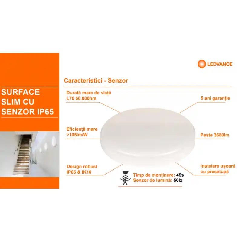 Retur gratuit Plafoniera LED pentru exterior cu senzor de miscare Ledvance SURFACE SLIM SQUARE 260, 26W, 2730 lm, lumina neutra (4000K), IP65/