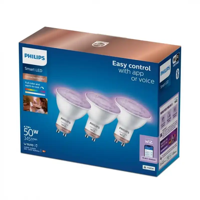 3 Becuri LED RGB inteligente Philips Spot PAR16, Wi-Fi, GU10, 4.7W (50W), 345 lm, lumina alba si color (2200-6500K) Promoție