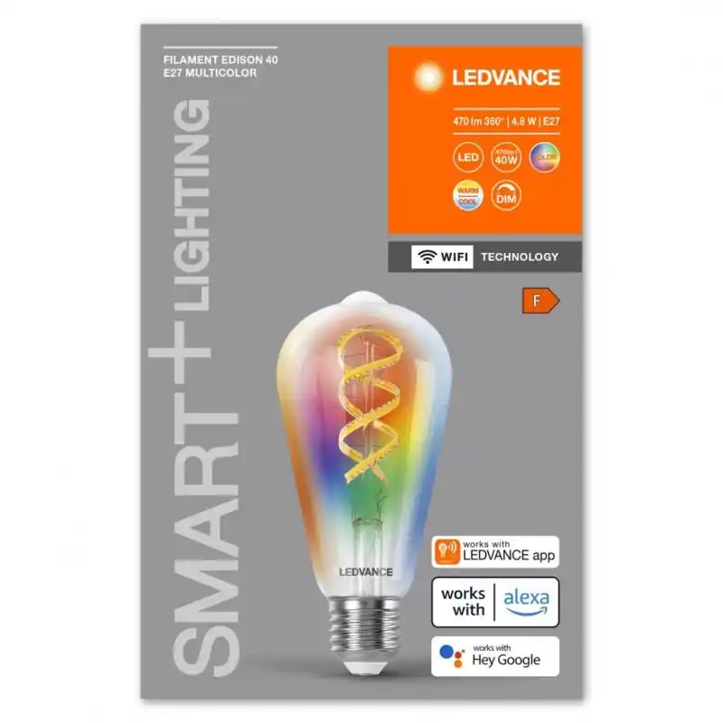 Bec LED RGB inteligent Ledvance SMART+ WiFi Filament Edison, E27, 4.8W (40W), 470 lm, lumina alba si color (2700-6500K) Ultima șansă
