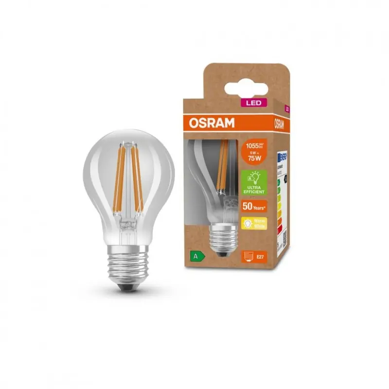 Reducere de preț Bec LED Osram Classic A60, Ultra Efficient Light, E27, 5W (75W), 1055 lm, lumina calda (3000K), cu filament
