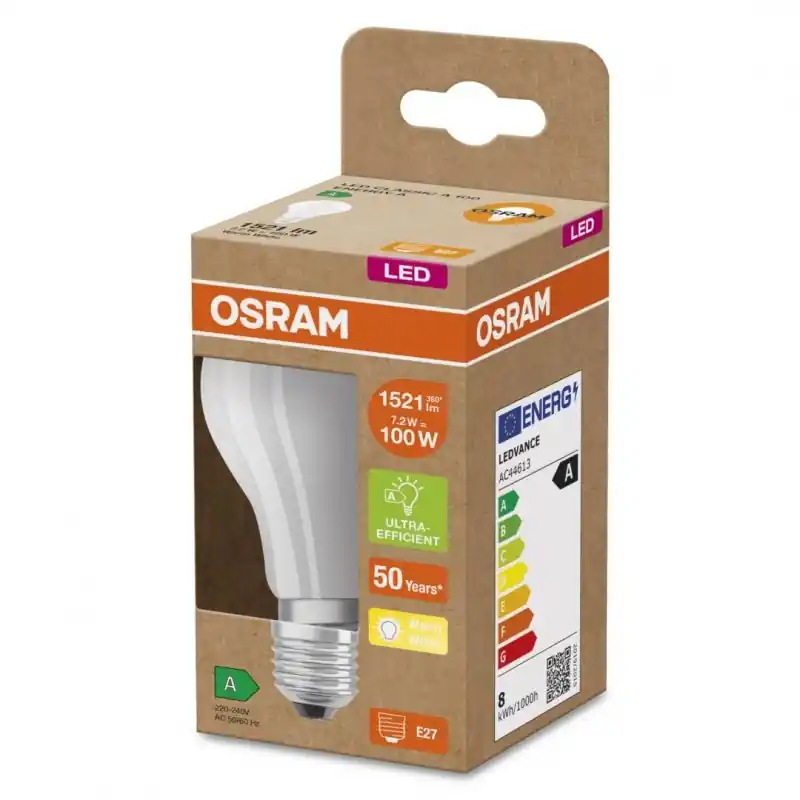 Bec LED Osram Classic A60, Ultra Efficient Light, E27, 7.2W (100W), 1521 lm, lumina calda (3000K) Calitate înaltă