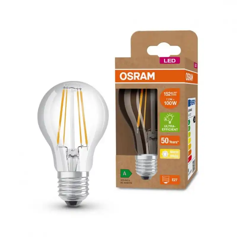 Bec LED Osram Classic A60, Ultra Efficient Light, E27, 7.2W (100W), 1521 lm, lumina calda (3000K), cu filament Ieftin