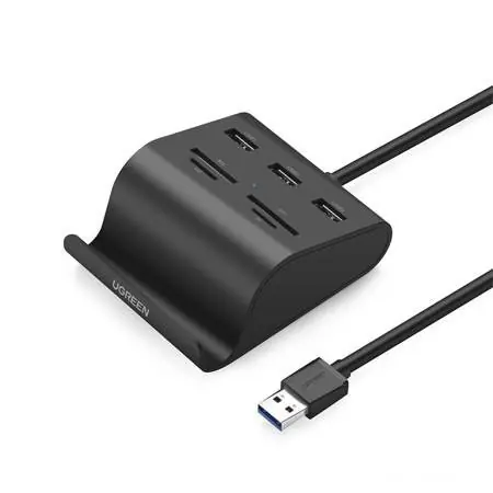 Reducere Adaptor UGREEN US156 5-în-1, USB la 3x USB 3.0 + cititor de carduri (negru)