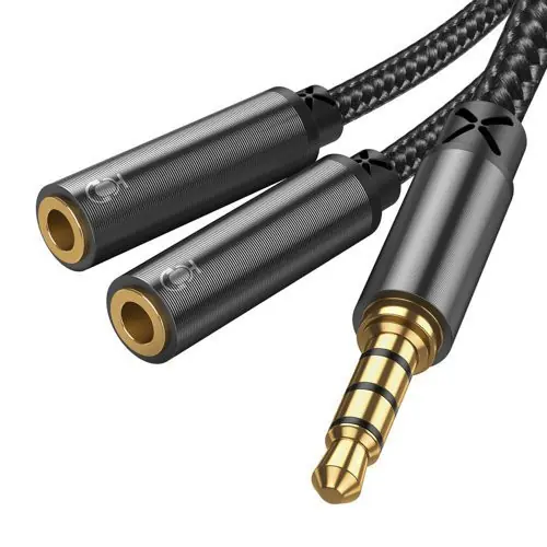 Transport gratuit Cablu audio splitter Joyroom AUX 3,5 mm mini mufă (tata) - 2x mini mufă 3,5 mm (mama) 0,2m negru