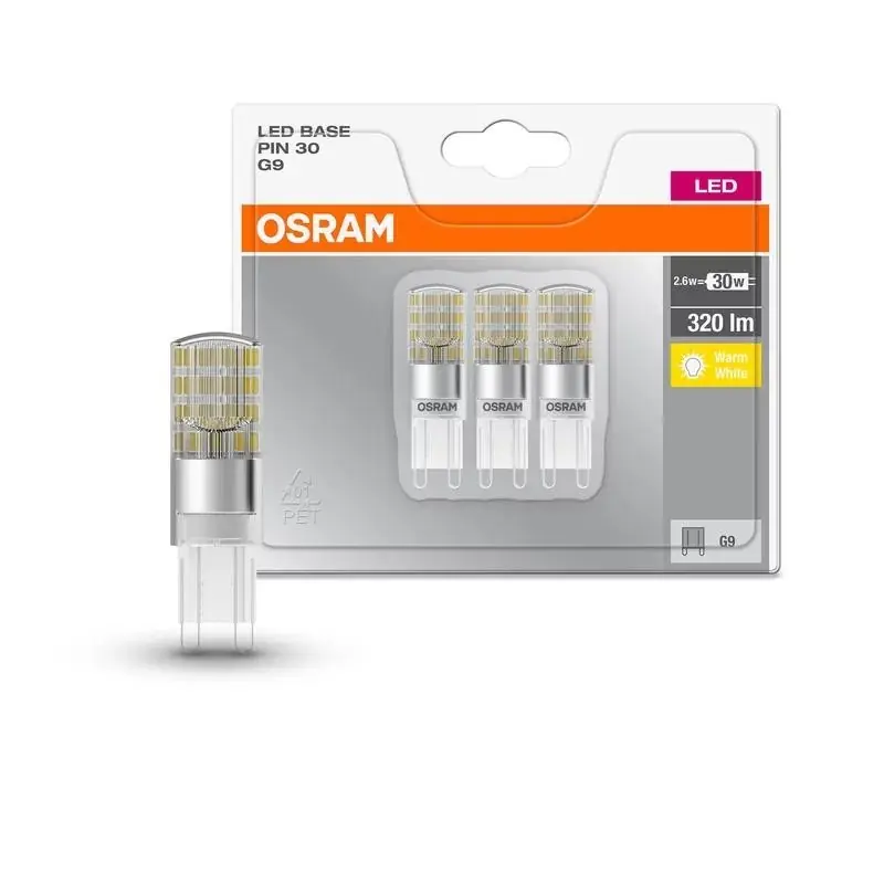 3 Becuri LED Osram Base PIN, G9, 2.6W (30W), 320 lm, lumina calda(2700K) Disponibil imediat