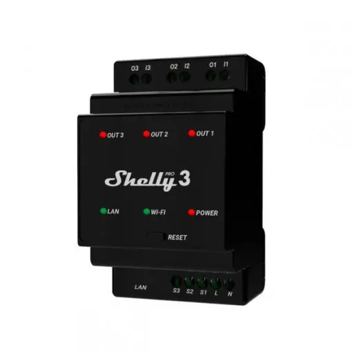 Cel mai bun preț Shelly PRO 3 WiFi + Ethernet cu 3 grupuri si suport pentru șină DIN
