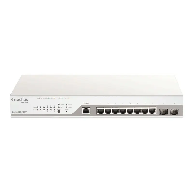 D-Link Switch DBS-2000-10MP, 8 porturi Gigabit POE, 2 porturi Combo 1000 Mbps/SFP, Buget POE: 130W , Switching Capacity: 20 Gbps Reducere