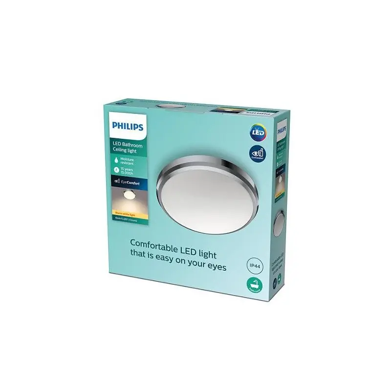 Cumpărături sigure Plafoniera LED Philips Doris CL257, 6W, 600 lm, lumina calda (2700K) ,IP44, 22cm, Metal/Plastic, Crom