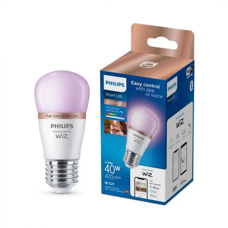 Plată securizată Bec LED RGB inteligent Philips Bulb P45, Wi-Fi, Bluetooth, E27, 4.9W (40W), 470 lm, lumina alba si color (2200-6500K)