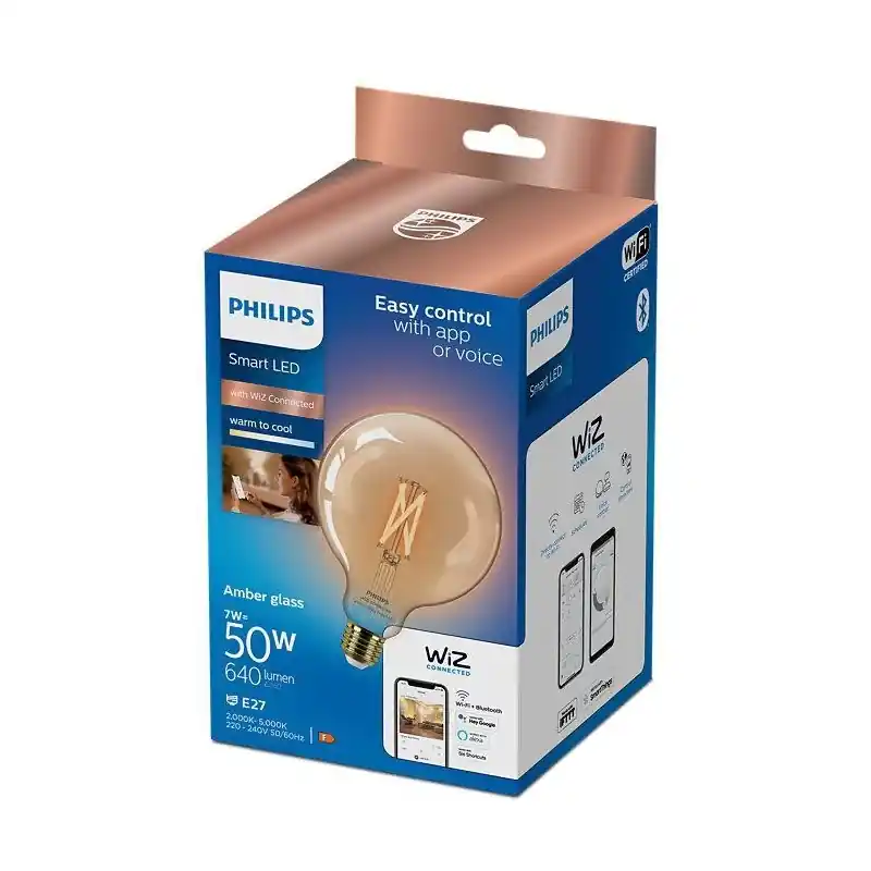 Bec LED inteligent vintage (decorativ) Philips Filament Globe Amber G125, Wi-Fi, Bluetooth, E27, 7W (50W), 640 lm, lumina alba ( Disponibil imediat