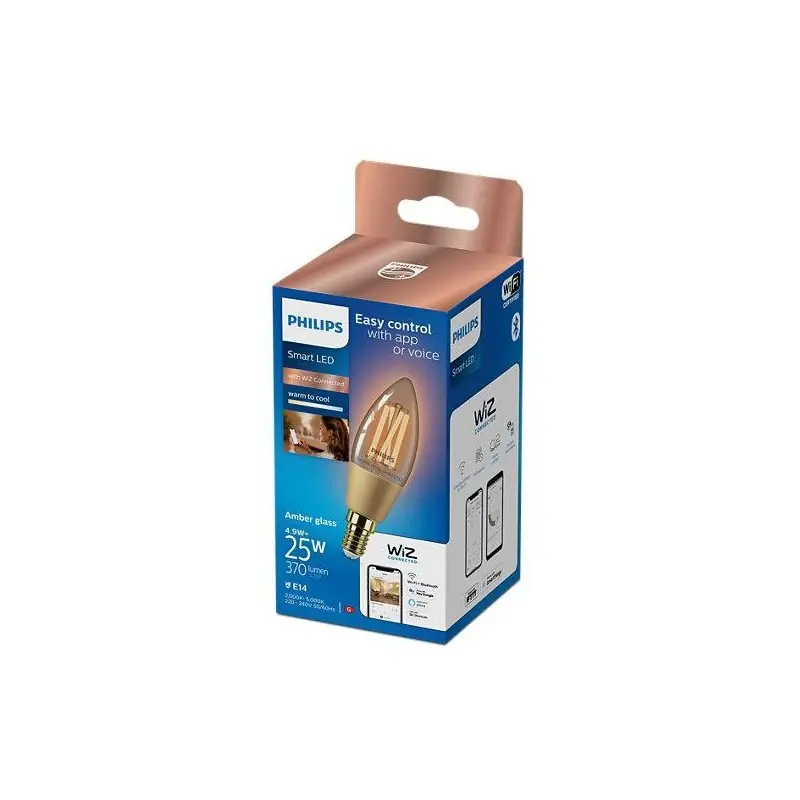 Discount Bec LED inteligent vintage (decorativ) Philips Filament Candle Amber C35, Wi-Fi, Bluetooth, E14, 4.9W (25W), 370 lm, lumina alba