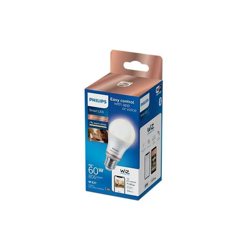 Bec LED inteligent Philips Bulb A60, Wi-Fi, Bluetooth, E27, 8W (60W), 806 lm, lumina calda (2700K), dimabil Ofertă