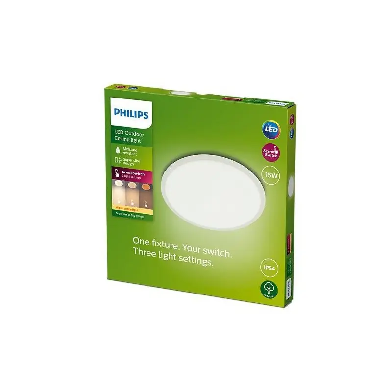 Plafoniera LED pentru exterior Philips SuperSlim, 15W, 1300 lm ,luminacalda (2700K), IP54, 25 cm, Alb Cel mai vândut