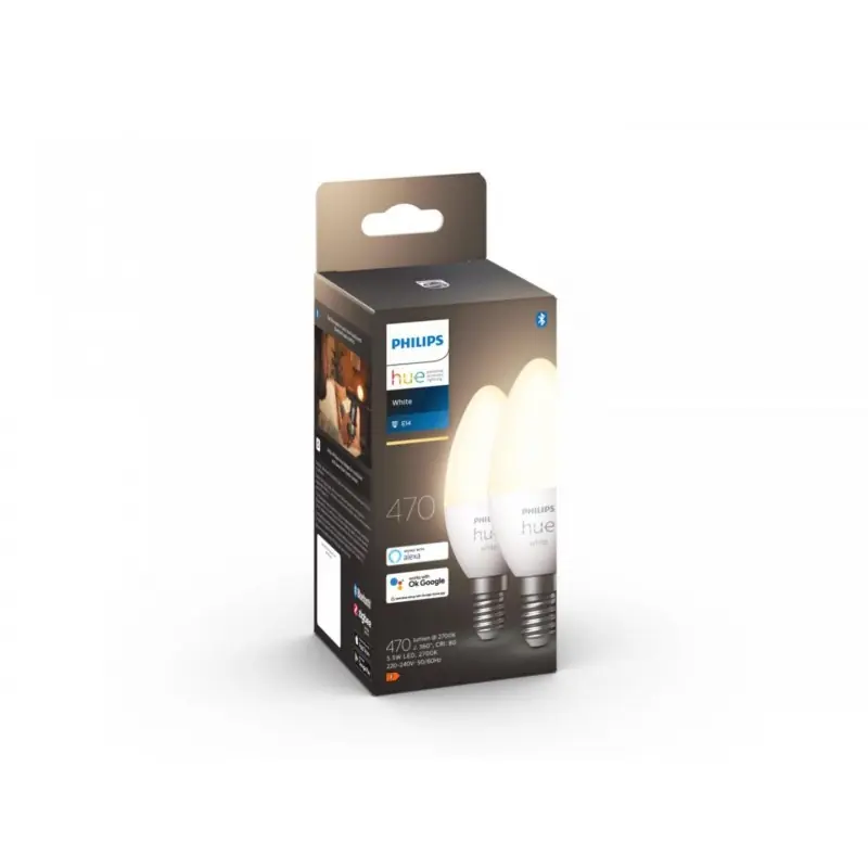 2 Becuri LED inteligente Philips Hue B39, Bluetooth, E14, 5.5W (40W), 470 lm, lumina calda (2700K) Transport gratuit