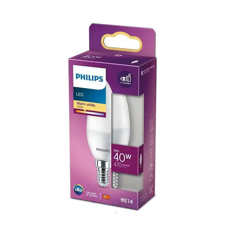 Bec LED Philips B35, EyeComfort, E14, 5W (40W), 470 lm, luminacalda(2700K), mat Cel mai vândut