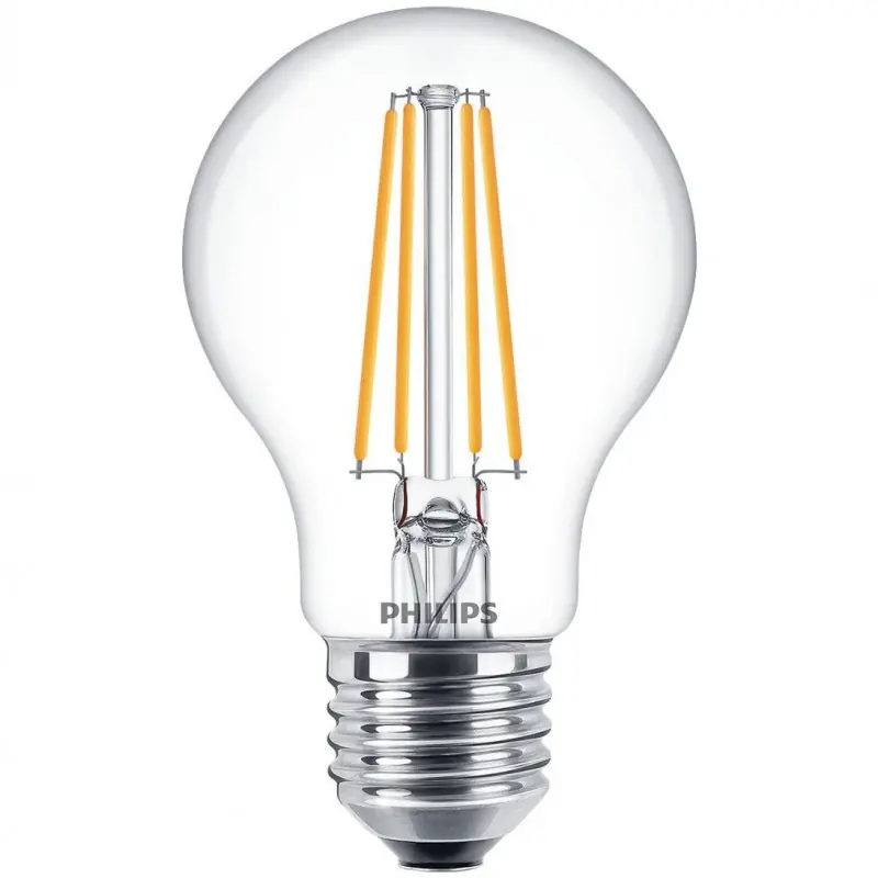 Noutate Bec LED Philips Classic A60, EyeComfort, E27, 7W (60W), 806 lm ,luminacalda (2700K), cu filament