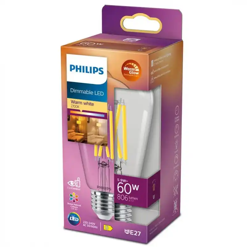 Promoție Bec LED Philips Classic ST64, EyeComfort, E27, 5.9W(60W), 806 lm ,luminacalda (2200-2700K), dimabil, cu filament