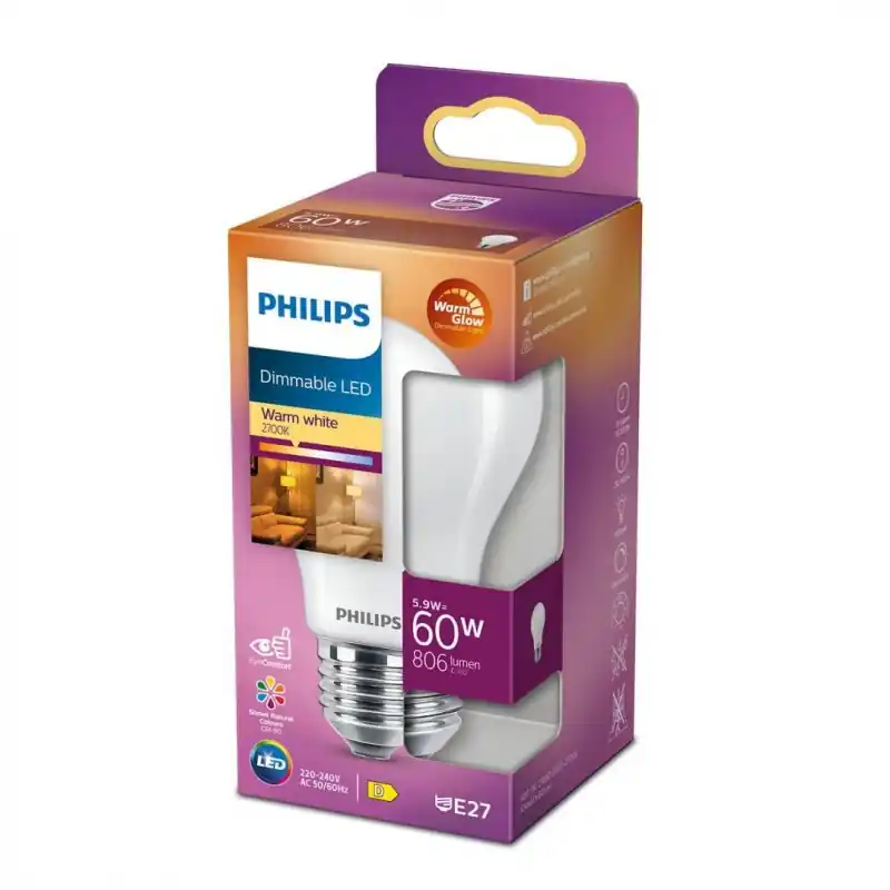 Bec LED Philips Classic A60, EyeComfort, E27, 5.9W (60W), 806 lm ,luminacalda (2200-2700K), dimabil, mat Ieftin
