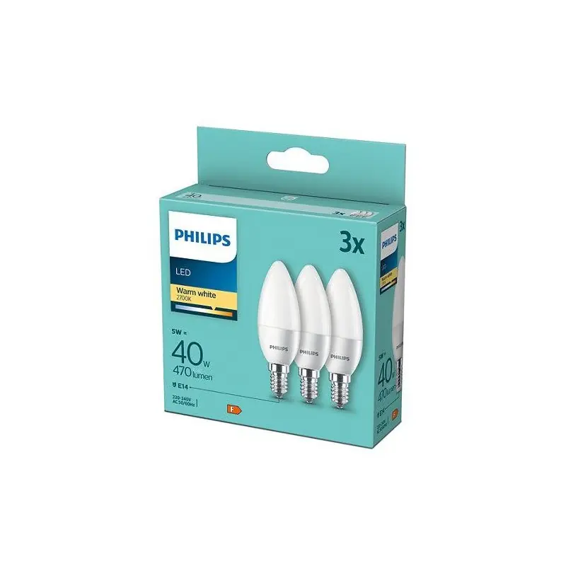3 Becuri LED Philips B35, E14, 5W (40W), 470 lm, lumina calda (2700K) ,mat Mai ieftin