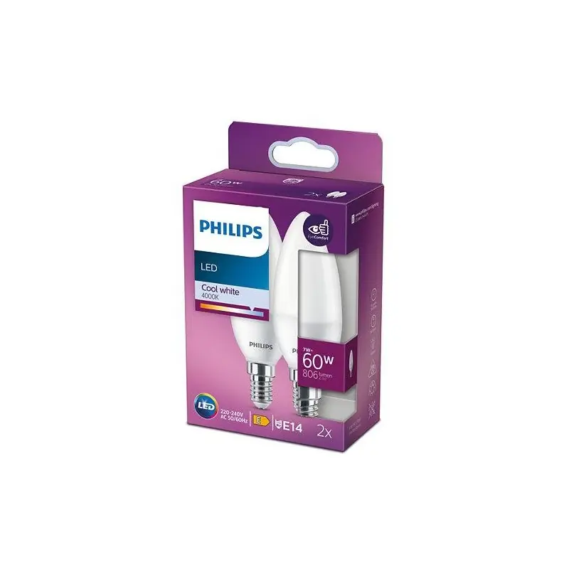2 Becuri LED Philips B38, EyeComfort, E14, 7W (60W), 806 lm,luminaneutra (4000K), mat Livrare expres