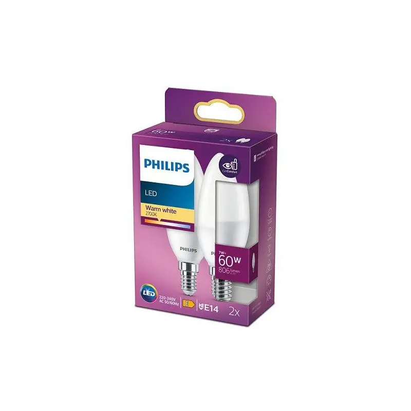2 Becuri LED Philips B38, EyeComfort, E14, 7W (60W), 806 lm, luminacalda (2700K), mat Ofertă