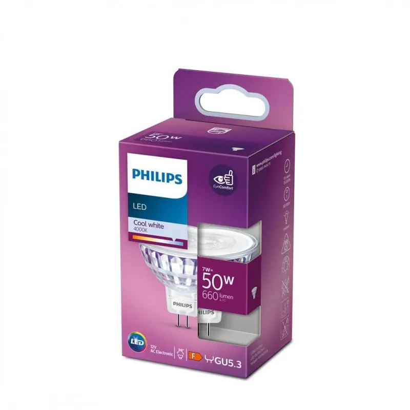 Bec LED Philips, EyeComfort, GU5.3, 7W (50W), 660 lm, luminaneutra(4000K) Ofertă de sezon