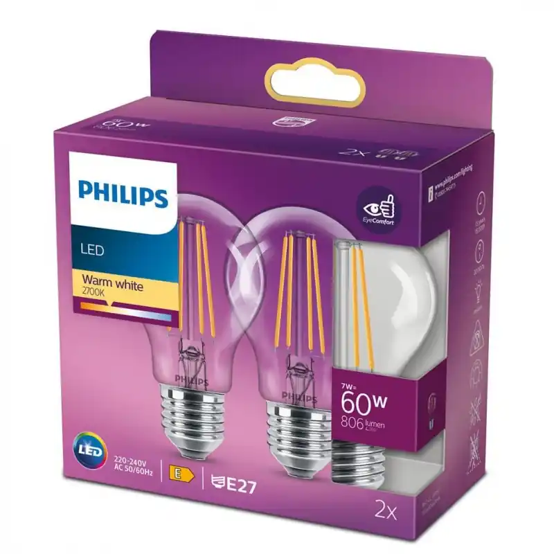 2 Becuri LED Philips Classic A60, EyeComfort, E27, 7W (60W), 806 lm ,lumina calda (2700K), cu filament Cumpără acum