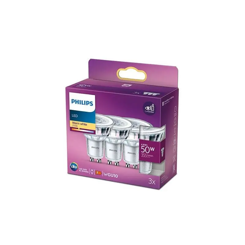 3 Becuri LED Philips Classic Spot, GU10, 4.6W (50W), 355 lm ,luminacalda(2700K) Ofertă specială