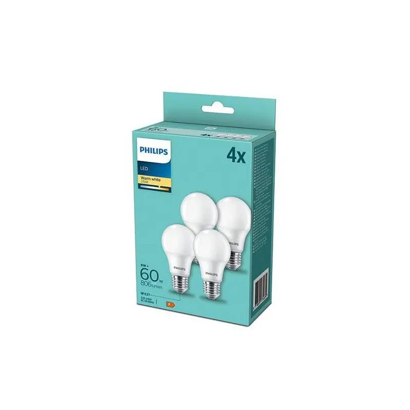 Transport gratuit 4 Becuri LED Philips A60, E27, 8W (60W), 806 lm, lumina calda (2700K) ,mat