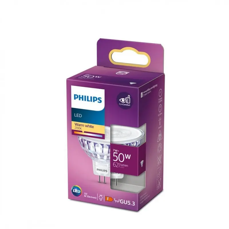 Plată securizată Bec LED spot Philips, GU5.3, 7W (50W), 621 lm, lumina calda (2700K)