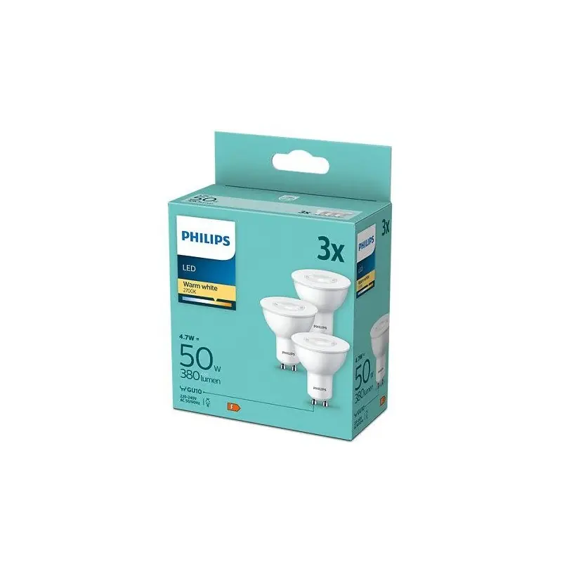 3 Becuri LED Philips Spot, GU10, 4.7W (50W), 380 lm, lumina calda(2700K) Promoție