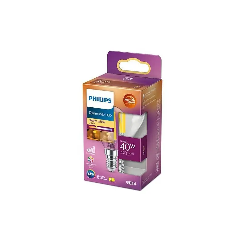 Disponibil imediat Bec LED Philips Classic P45, EyeComfort, E14, 3.4W (40W), 470 lm ,luminacalda (2200-2700K), dimabil, cu filament