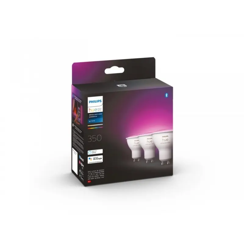 3 Becuri LED RGB inteligente Philips Hue Spot, Bluetooth, GU10, 4.3W (35W), 350 lm, lumina alba si color (2000-6500K) Plată securizată