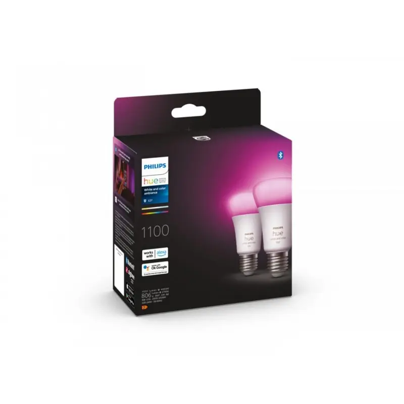 Cumpără online 2 Becuri LED RGB inteligente Philips Hue A60, Bluetooth, E27, 9W (75W), 1100 lm, lumina alba si color (2000-6500K)