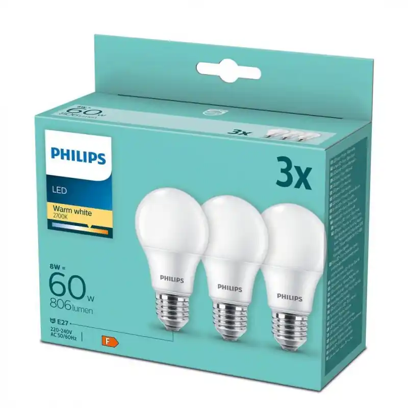 3 Becuri LED Philips A60, E27, 8W (60W), 806 lm, lumina calda (2700K) ,mat Reducere de preț