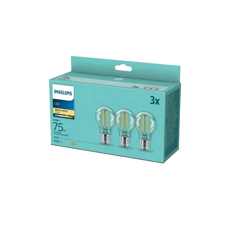 3 Becuri LED Philips Classic A60, E27, 8.5W (75W), 1055 lm, luminacalda(2700K), cu filament Ofertă limitată