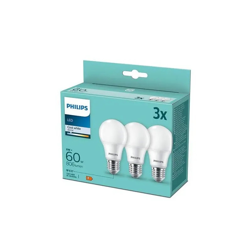 3 Becuri LED Philips A60, E27, 8W (60W), 806 lm, lumina neutra (4000K) ,mat Premium