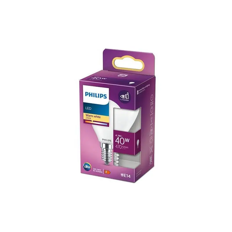Bec LED Philips Classic P45, EyeComfort, E14, 4.3W (40W), 470 lm ,luminacalda (2700K), mat Discount
