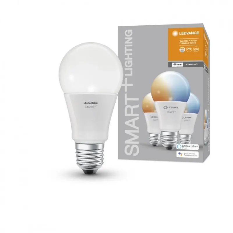 Cel mai vândut 3 Becuri LED inteligent Ledvance SMART+ WiFi Classic Tunable White A, E27, 9W (60W), 806 lm, lumina alba (2700-6500K)