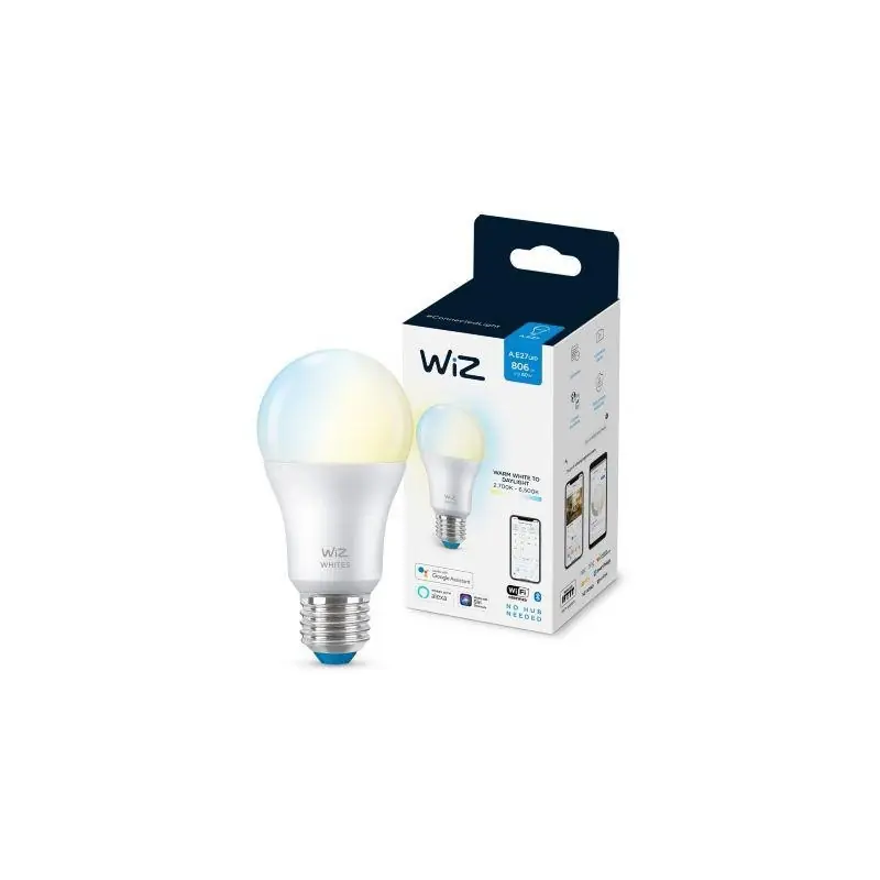 Bec LED inteligent WiZ Connected Whites A60, Wi-Fi, E27, 8W (60W), 806 lm, lumina alba (2700-6500K), compatibil Google Assistant Comandă acum