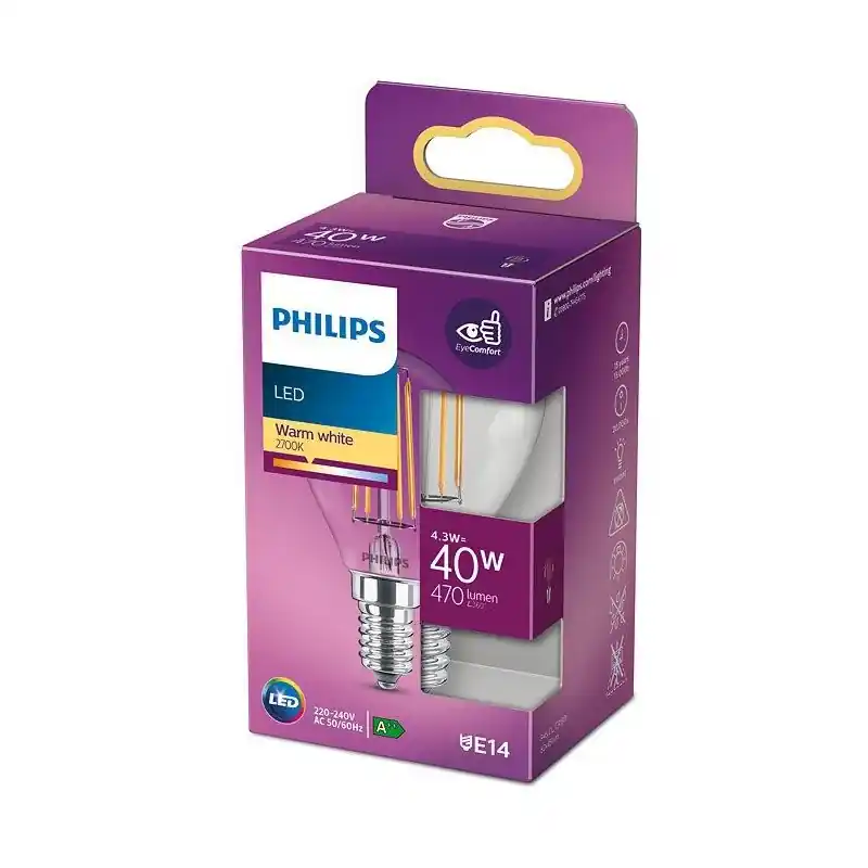 Bec LED Philips Classic P45, EyeComfort, E14, 4.3W (40W), 470 lm, lumina calda (2700K), cu filament Retur gratuit