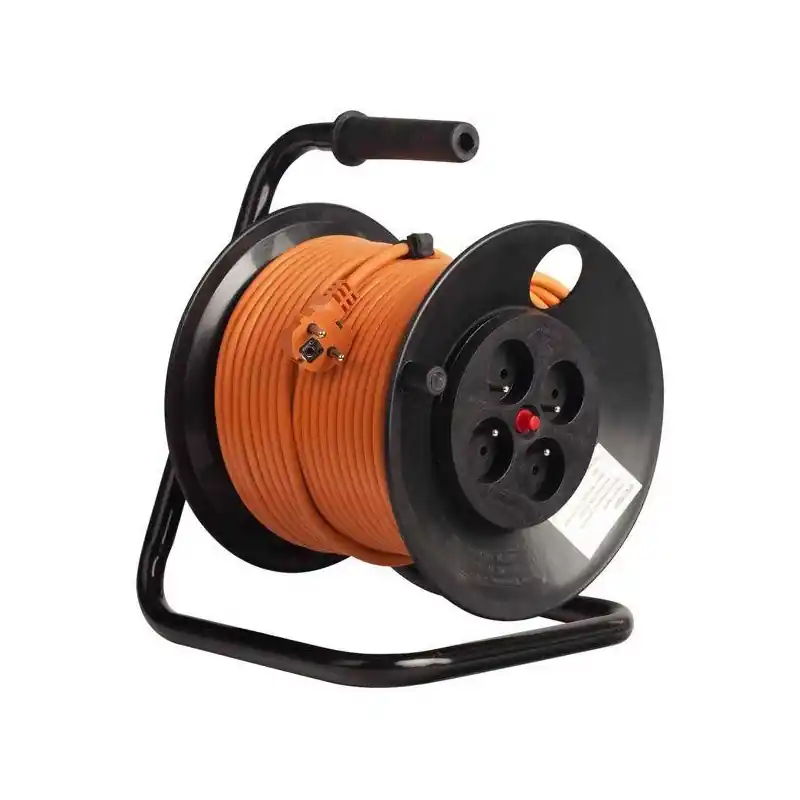 Reducere Derulator cu tambur Bachmann, 4prize, 50m, fisa Schuko dreapta ,protectii: suprasarcina, contact, termica, culoare portocalie