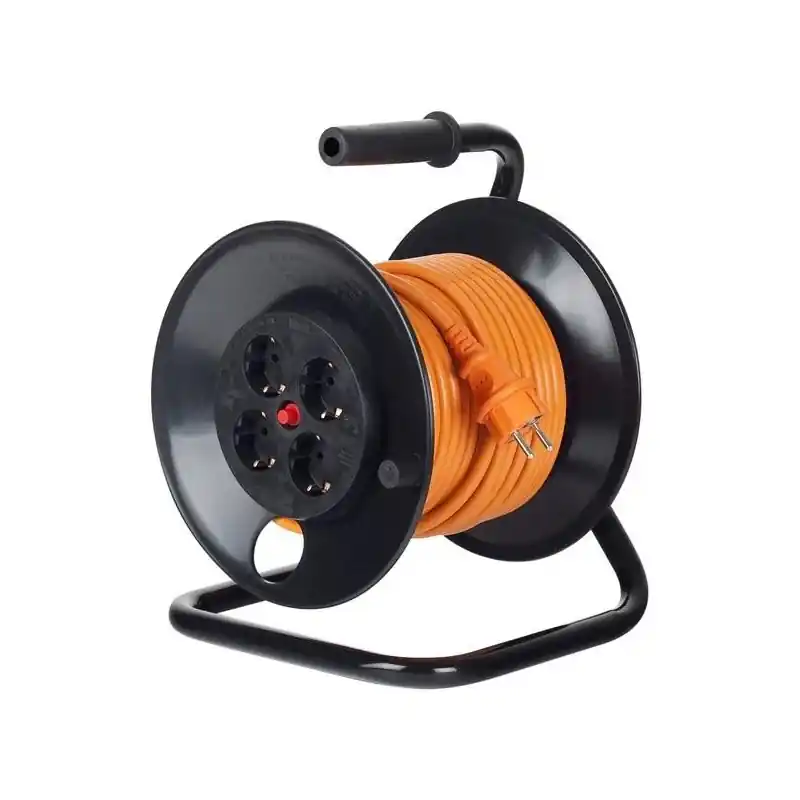 Derulator cu tambur Bachmann, 4prize, 25m, fisa Schuko dreapta, protectii: suprasarcina, contact, termica, culoare orange Retur ușor