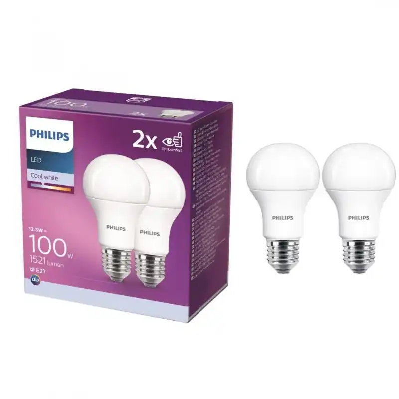 2 Becuri LED Philips A60, EyeComfort, E27, 12.5W (100W), 1521 lm, lumina neutra (4000K), mat Disponibil imediat
