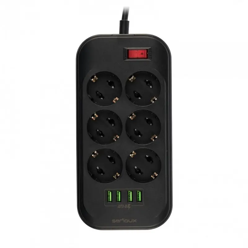 Prelungitor cu protectie Serioux, 6 prize schuko, input 100-240V, 50- 60Hz, output (Total): 2500W - 10A, 4 porturi USB, 4 portur Ofertă limitată