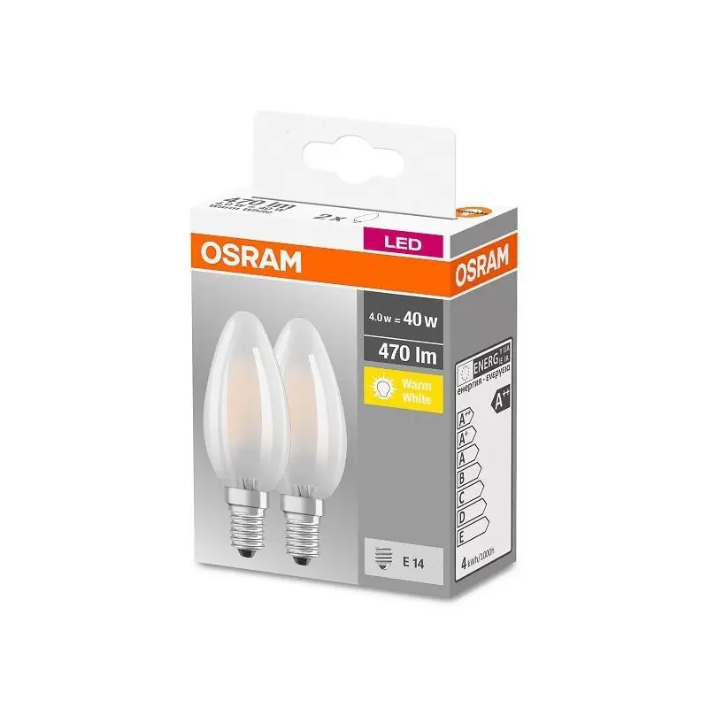 2 Becuri LED Osram Base Classic B, E14, 4W (40W), 470 lm, lumina calda (2700K), semi-transparent Preț promoțional