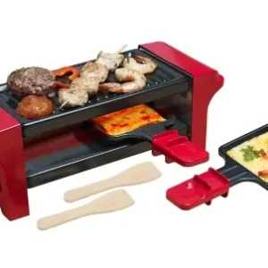 Raclette Bestron pentru 1 pana la 2 persoane, mini gratar de masa cu doua tigai si doua raclete din lemn, 350 wati, culoare: rosu/negru Livrare rapidă