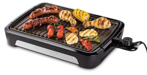 Noutate Gratar de masa George Foreman [Fara fum - cu 80% mai putin fum] Gratar de masa (gratar interior cu fum redus, gratar pentru masina de spalat vase, tava de scurgere pentru grasime, optiune de depozitare verticala, setare a temperaturii) 25850-56